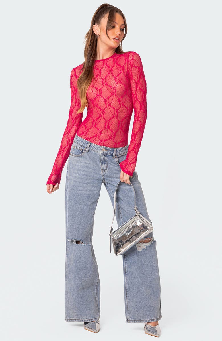 EDIKTED Lina Sheer Lace Long Sleeve Bodysuit, Alternate, color, 