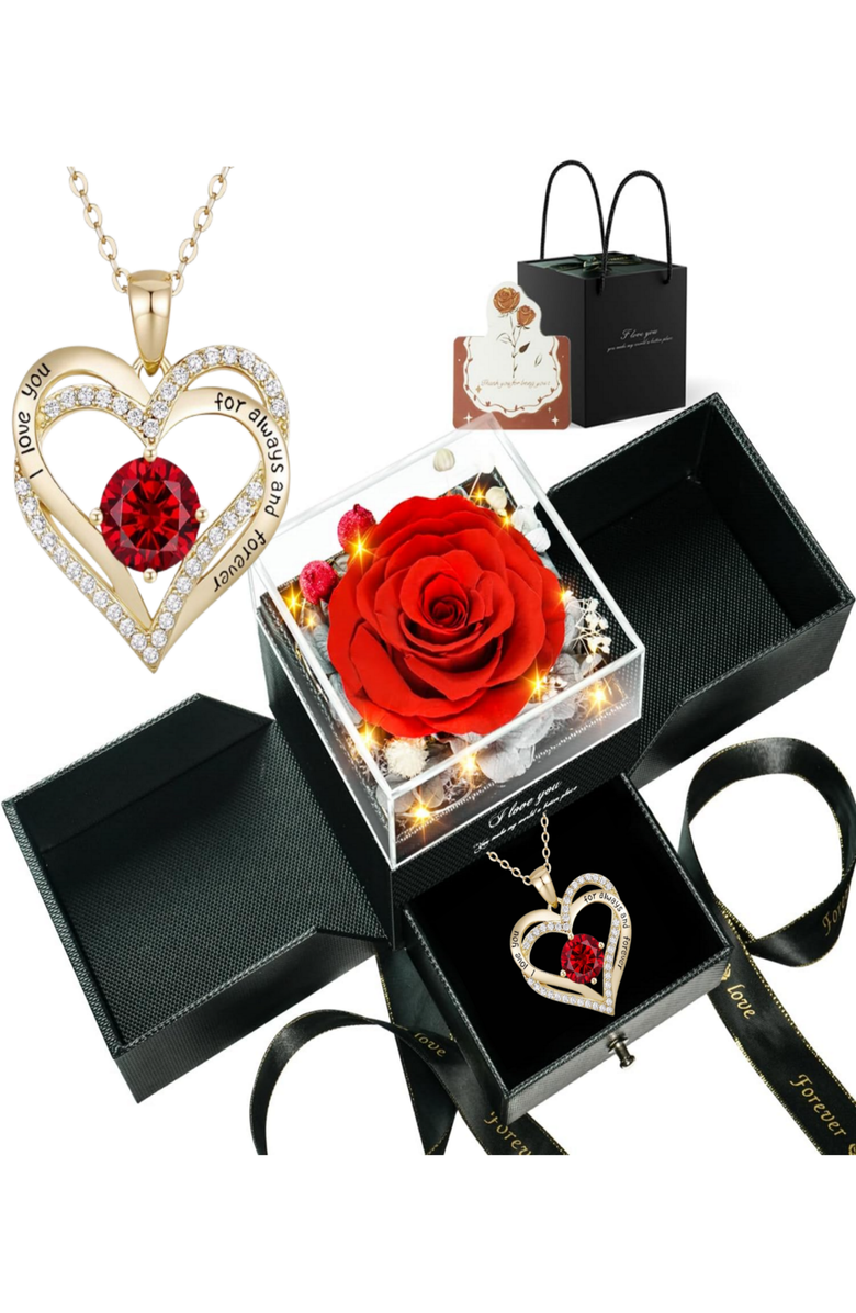 Lovery Valentines Preserved Red Rose with LED Lights & 14K Gold Plated Double Heart Ruby Necklace, Main, color, Black, Red