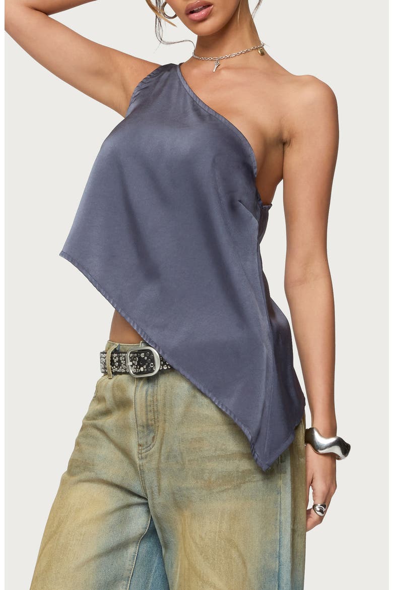 Asymmetric Satin One-Shoulder Top, Alternate, color, DARK-GRAY