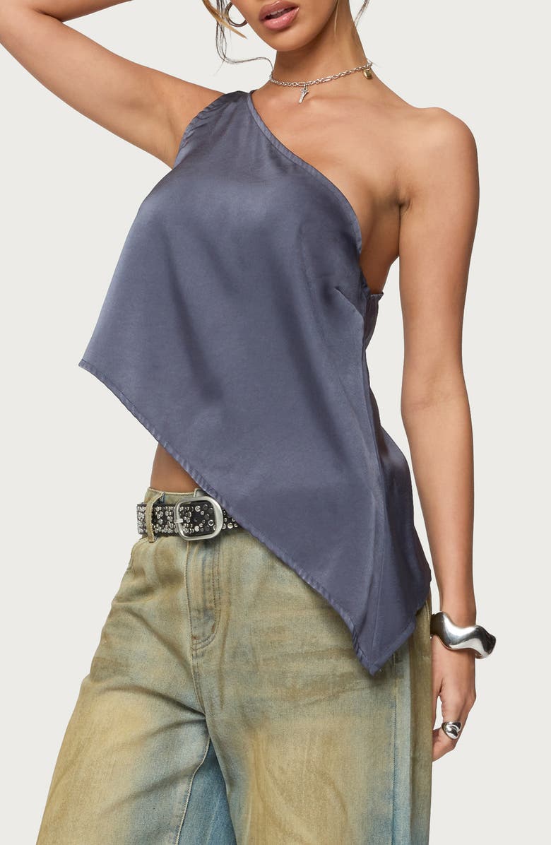 EDIKTED Asymmetric Satin One-Shoulder Top, Alternate, color, Dark-Gray