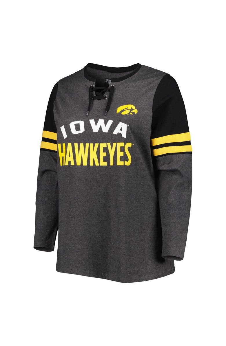 PROFILE Women's Heather Charcoal/Black Iowa Hawkeyes Plus Size Stripe Lace-Up V-Neck Long Sleeve T-Shirt, Alternate, color, 