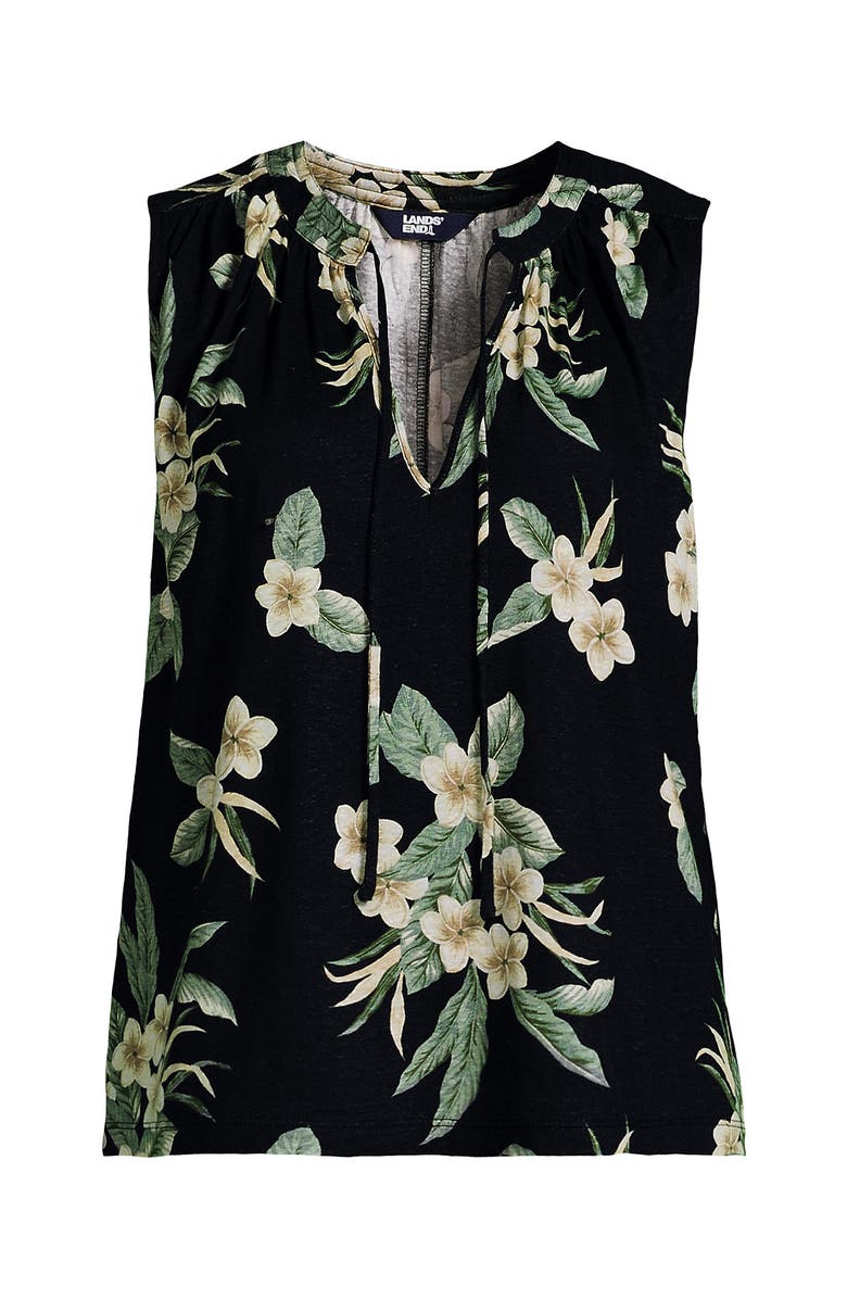Lands' End Linen Blend Notch Neck Swing Tank Top, Alternate, color, Black Plumeria