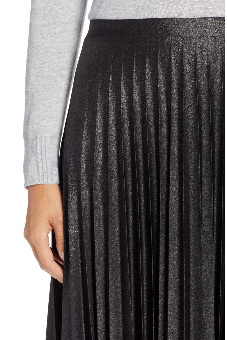 Metallic Pleat Midi Skirt, Alternate, color, BLACK FOIL