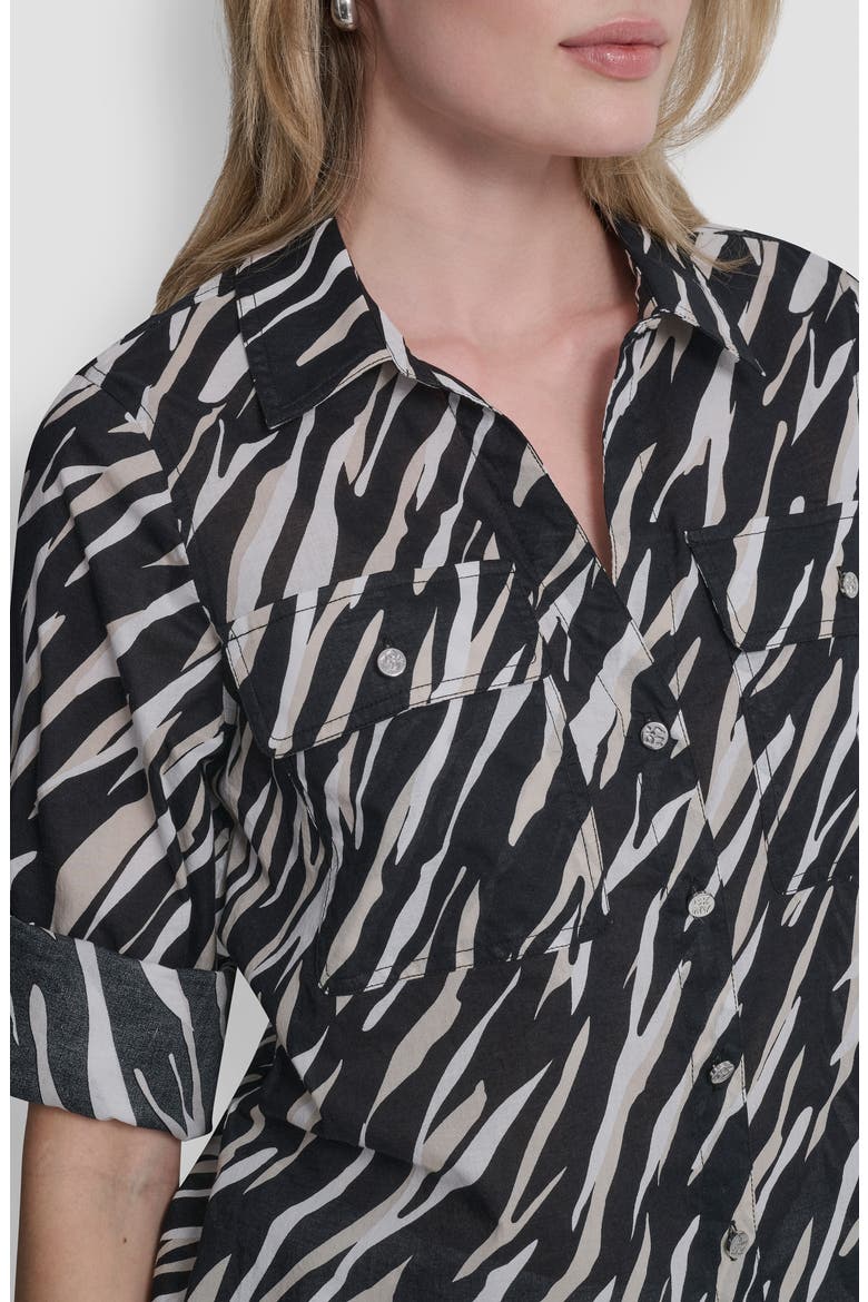 Printed Roll-Tab Cuff Cotton Button-Up Shirt, Alternate, color, CONCRETE ANIMAL