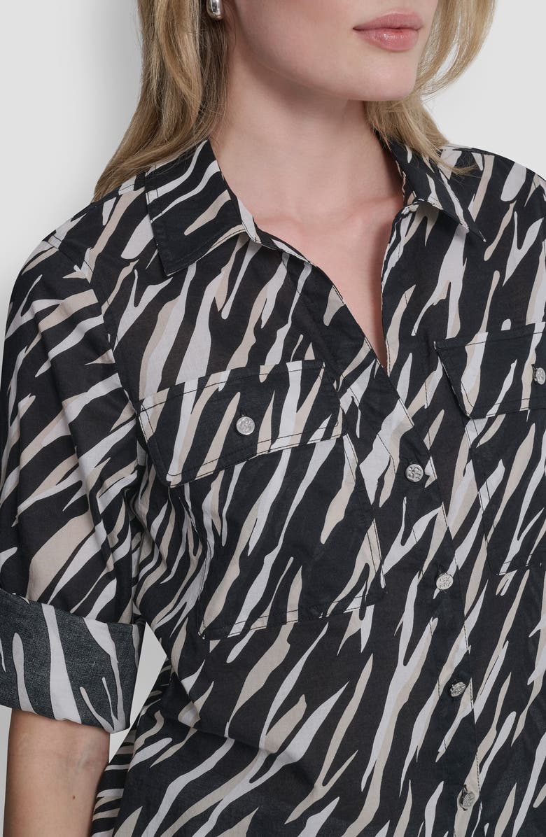 DKNY Printed Roll-Tab Cuff Cotton Button-Up Shirt, Alternate, color, Concrete Animal