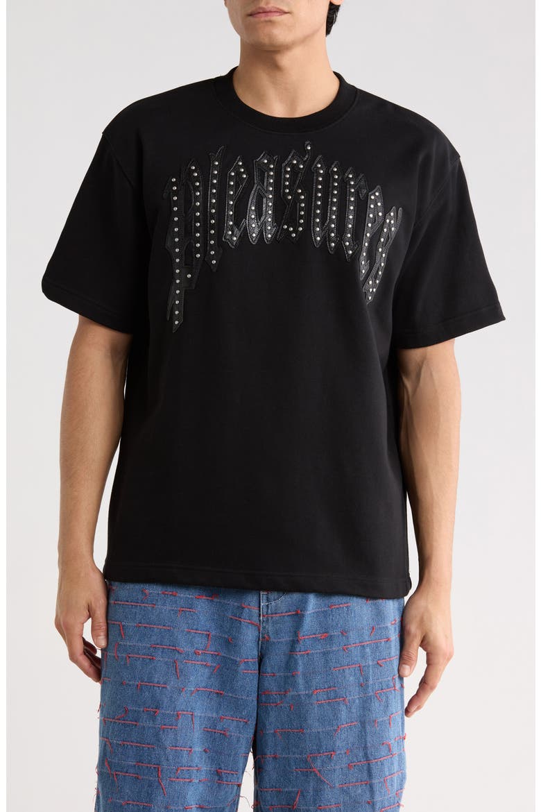 Twitch Leather Appliqué & Rhinestone T-Shirt, Main, color, BLACK