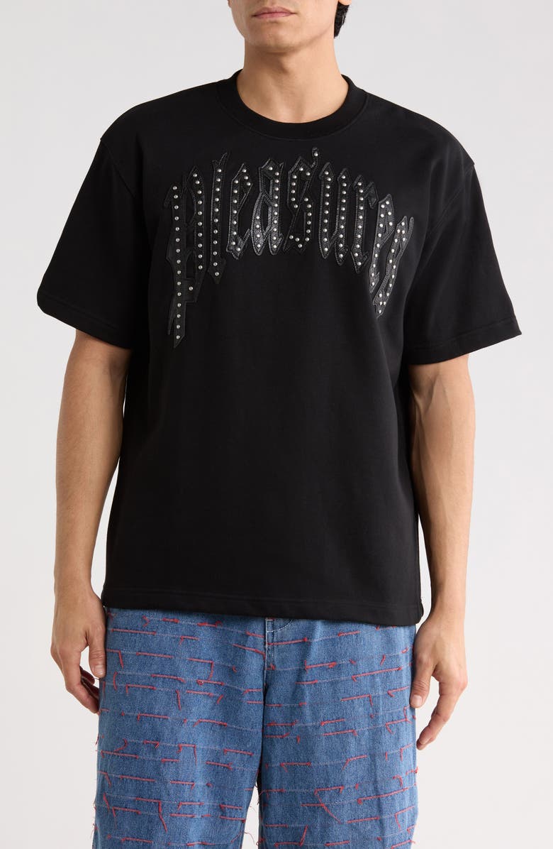 PLEASURES Twitch Leather Appliqué & Rhinestone T-Shirt, Main, color, Black