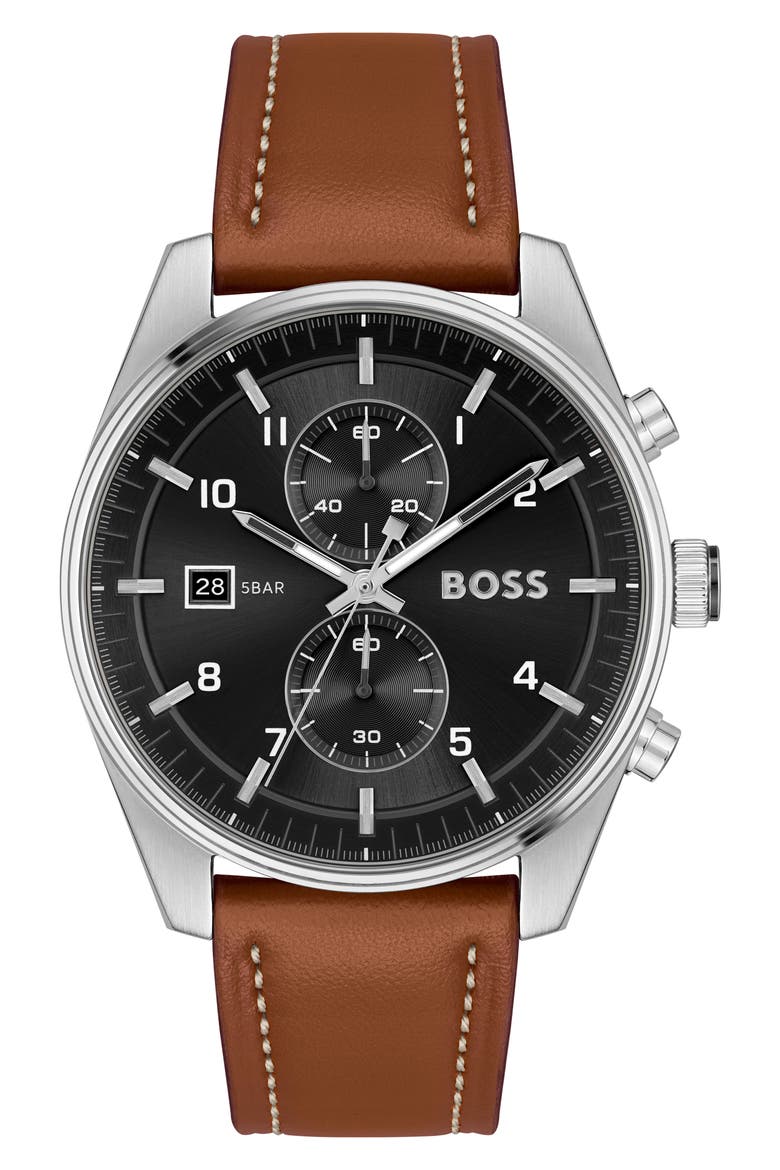 Skytraveller Chronograph Leather Strap Watch, 41mm, Main, color, BLACK