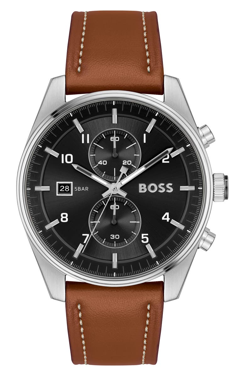 BOSS Skytraveller Chronograph Leather Strap Watch, 41mm, Main, color, Black