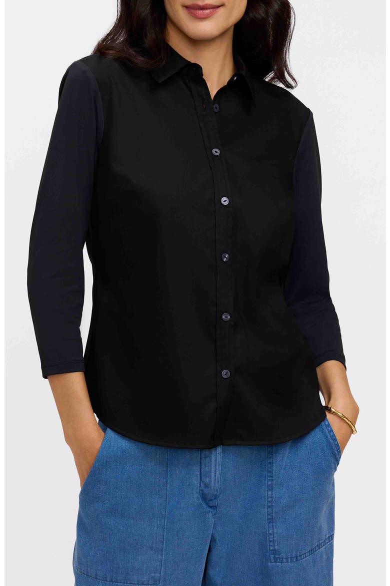 Dina Knit Three Quarter Sleeve Button-Up Shirt, Main, color, BLACK