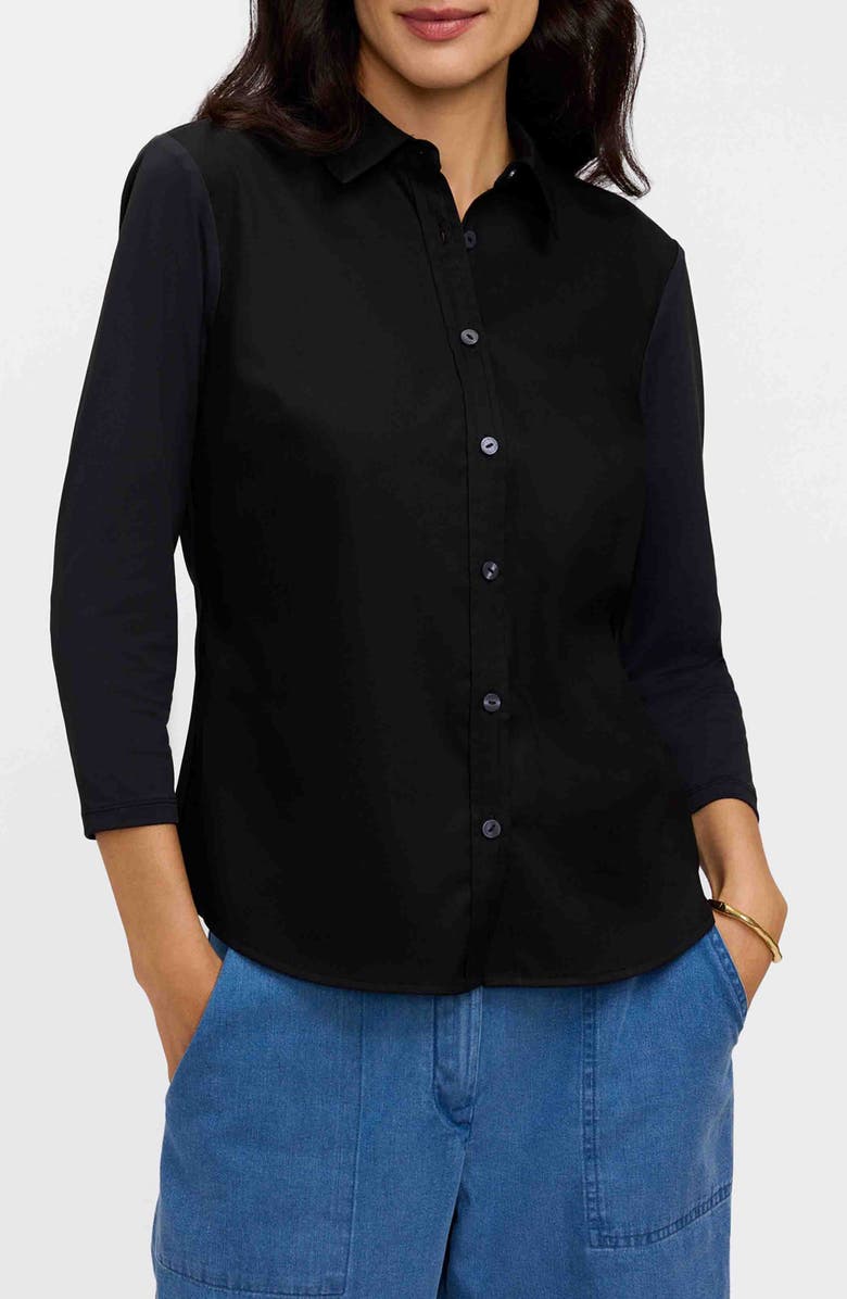 Foxcroft Dina Knit Three Quarter Sleeve Button-Up Shirt, Main, color, Black