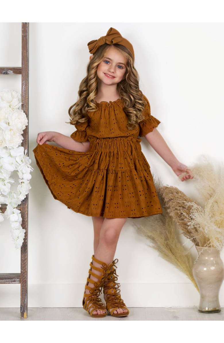 Mia Belle Girls Girls Rosette Charm Eyelet Top & Skirt Set, Alternate, color, Brown
