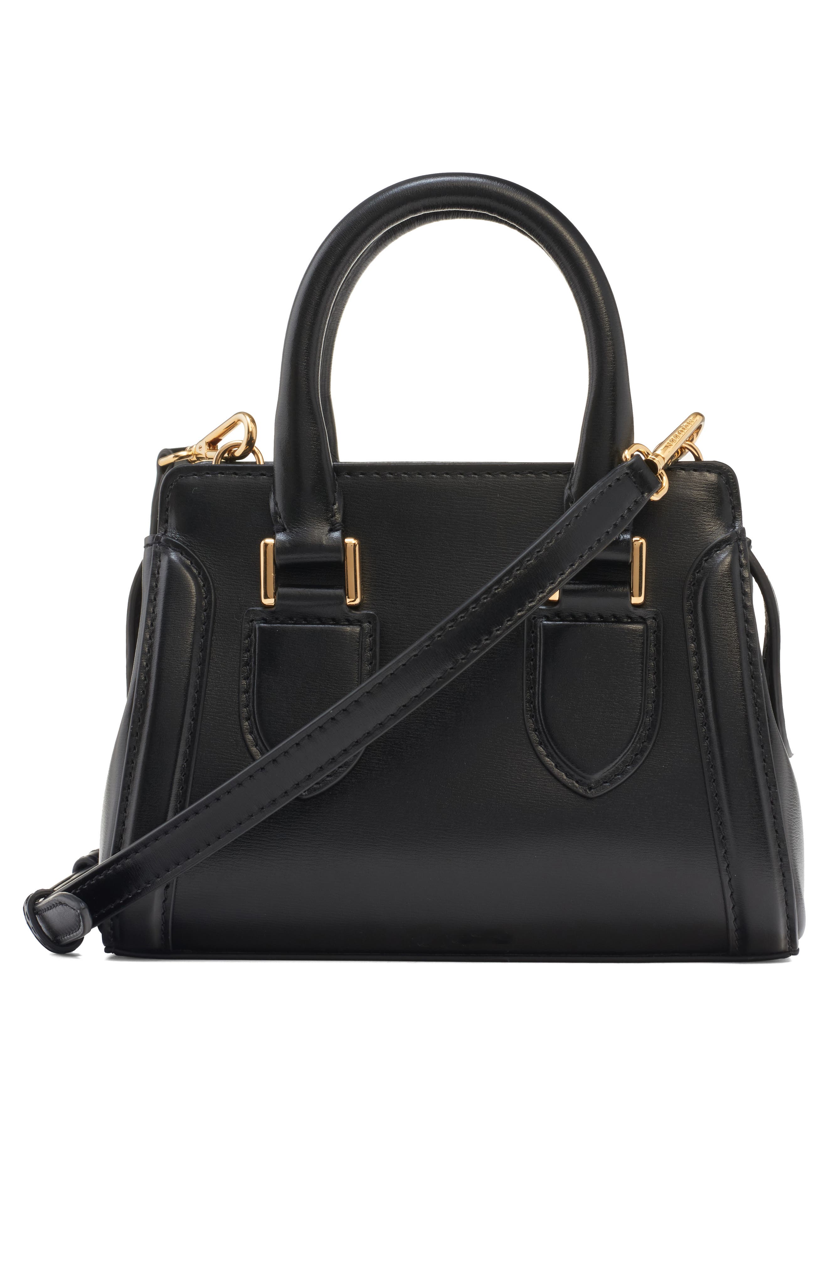 McQueen Mini Birdee Leather Top Handle Bag, Alternate, color, Black/ Gold