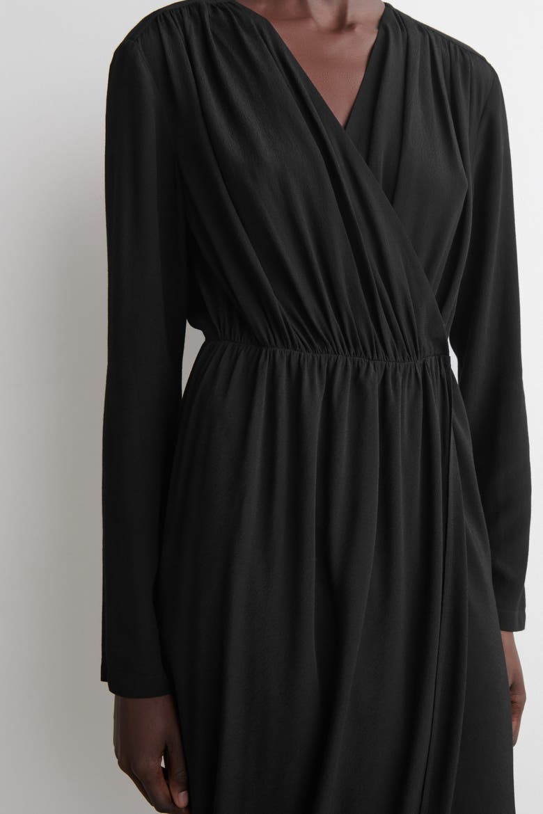 Gathered Midi Wrap Dress, Alternate, color, BLACK
