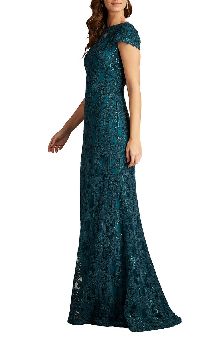 Tadashi Shoji Sequin Leaf Print Sheath Gown, Alternate, color, 