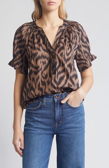 Wit & Wisdom Print Cotton Blend Top In Portobello/black