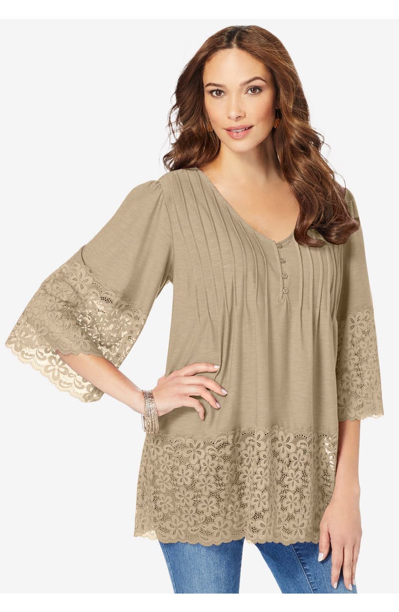 Roaman's Lace-Hem Pintuck Tunic, Alternate, color, Sandy Beige