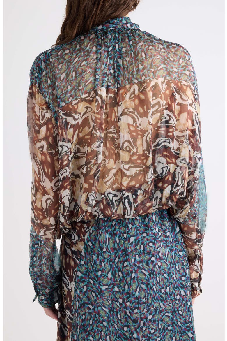 Cenvy Mini Marbled Print Silk Mousseline Button-Up Shirt, Alternate, color, PETROL