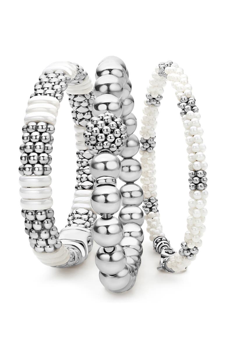 Set of 3 Sterling Silver Caviar Bead Bracelets, Main, color, WHITE