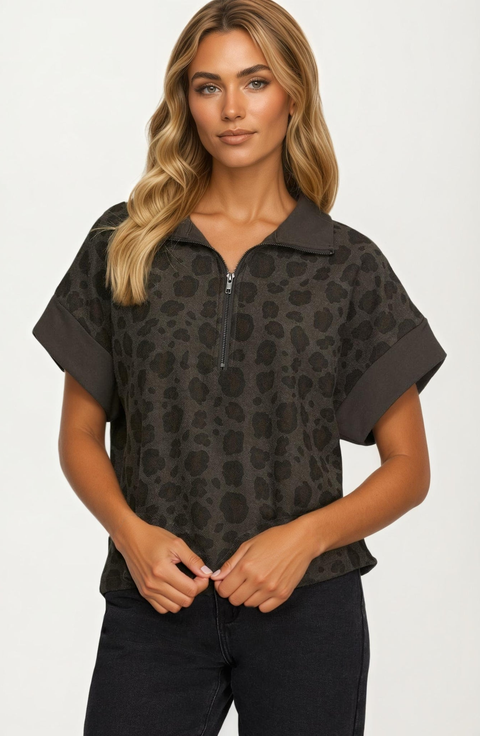 Leopard Print Short Sleeve Half Zip Collared Top