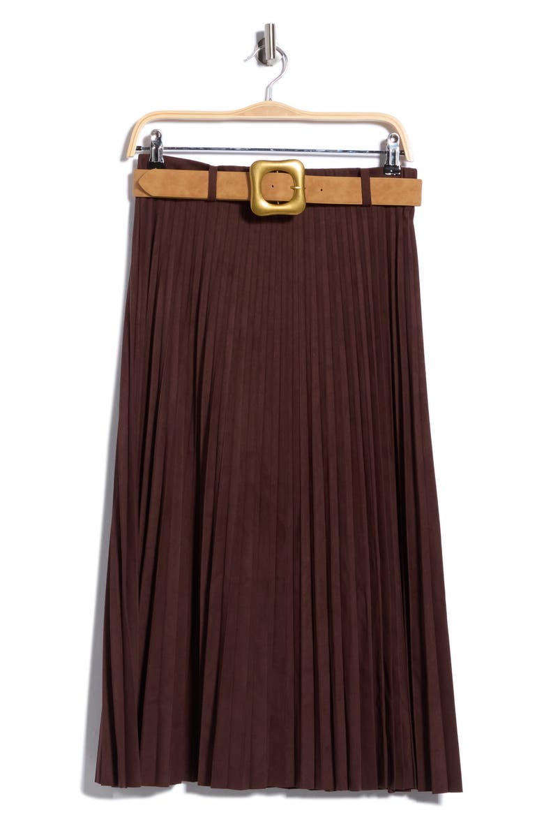 Belted Pleated Faux Suede Midi Skirt, Alternate, color, BROWN