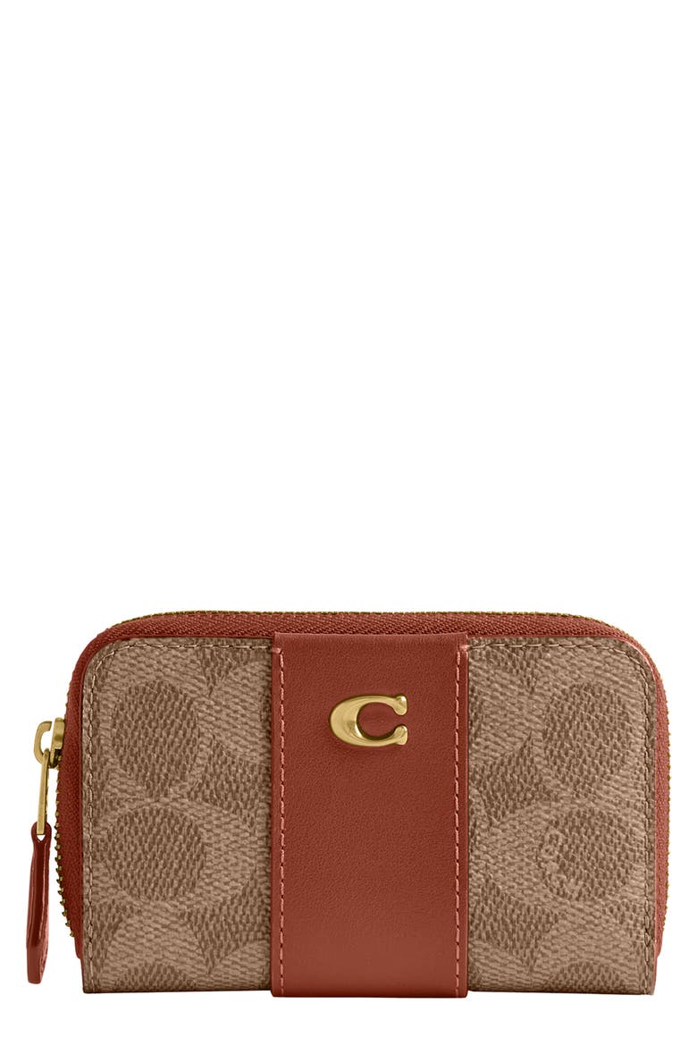 Small Essential Coated Canvas & Leather Zip Around Card Holder, Main, color, TAN CARAMEL