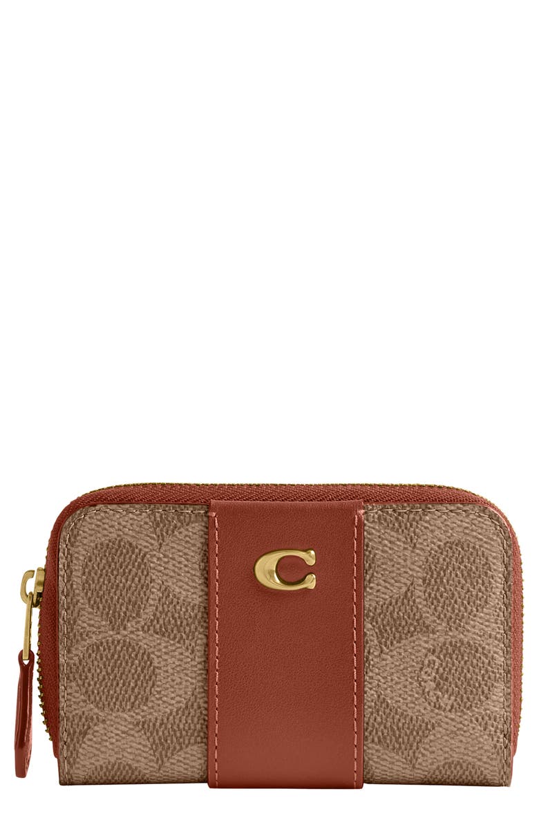COACH Small Essential Coated Canvas & Leather Zip Around Card Holder, Main, color, Tan Caramel