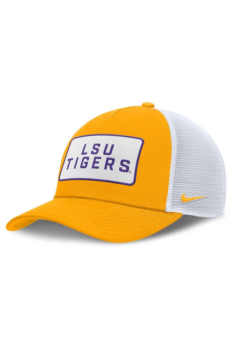 Men's Nike Gold/White LSU Tigers 2025 On-Field Rise Patch Trucker Adjustable Hat, Main, color, Gold