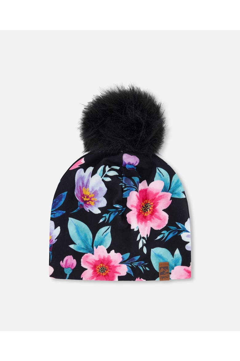 Stretch Jersey Hat Flowers with Pompom, Main, color, Black Floral Print