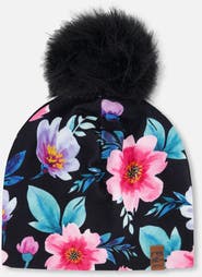 Deux par Deux Stretch Jersey Hat Flowers with Pompom