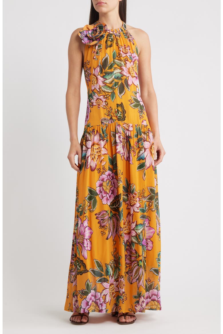 farm rio halter maxi dress 4130638280170_010_c2_2400x.jpg?v=1648006131 or vacation looks Floral halterneck linen-blend maxi dress