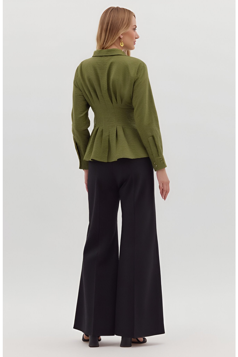 Peplum Button-Up Blouse with Long Sleeves and Structured Waist, Alternate, color, Olive Green