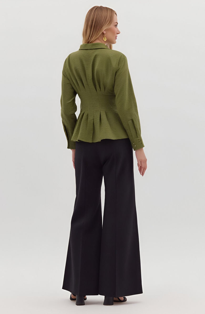 Modenaire Peplum Button-Up Blouse with Long Sleeves and Structured Waist, Alternate, color, 