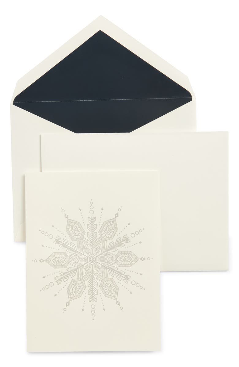 Crane Set of 10 Silver Snowflake Greeting Cards, Main, color, Ivory