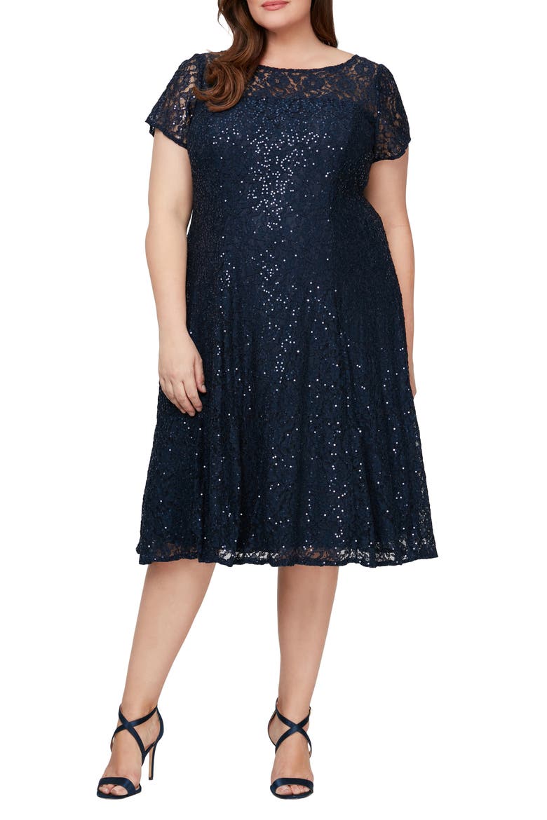 Embellished Short Sleeve Midi Dress, Main, color, NAVY