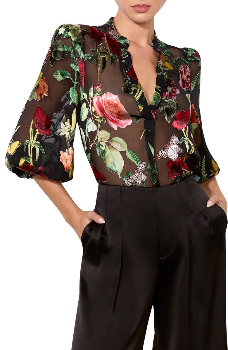 Alice + Olivia Sheila Floral & Butterfly Appliqué Chiffon Top, Alternate, color,