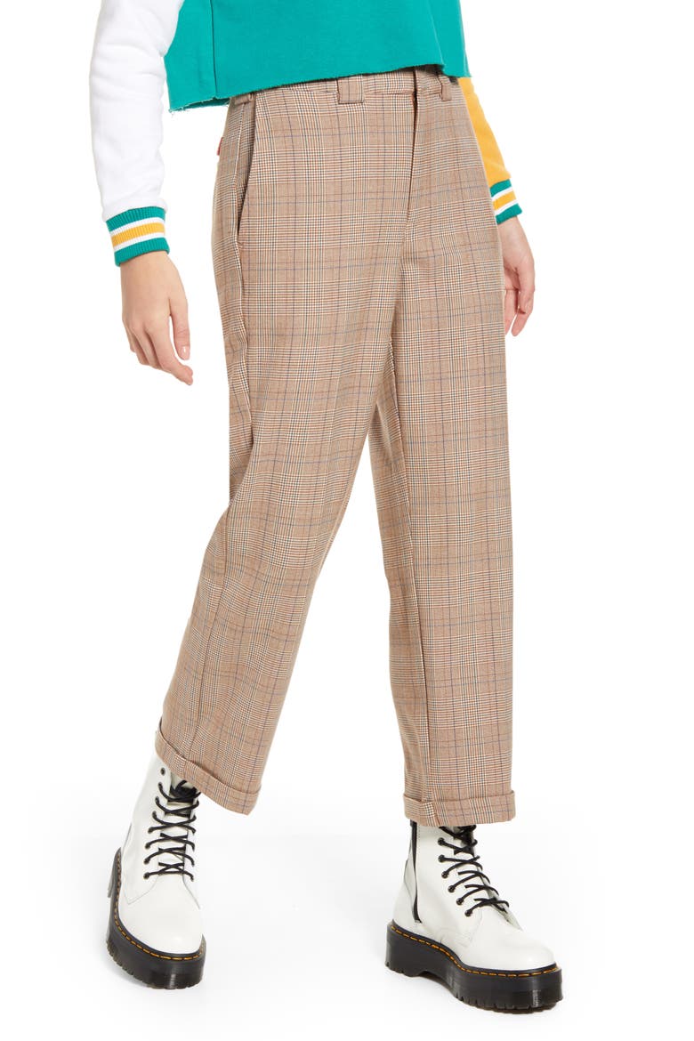 Plaid Straight Leg Crop Work Pants, Main, color, BROWN TAN