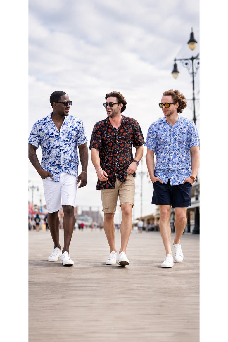 Tropical Print Button-Down Hawaiian Camp Shirt, Alternate, color, Anchorage Indigo