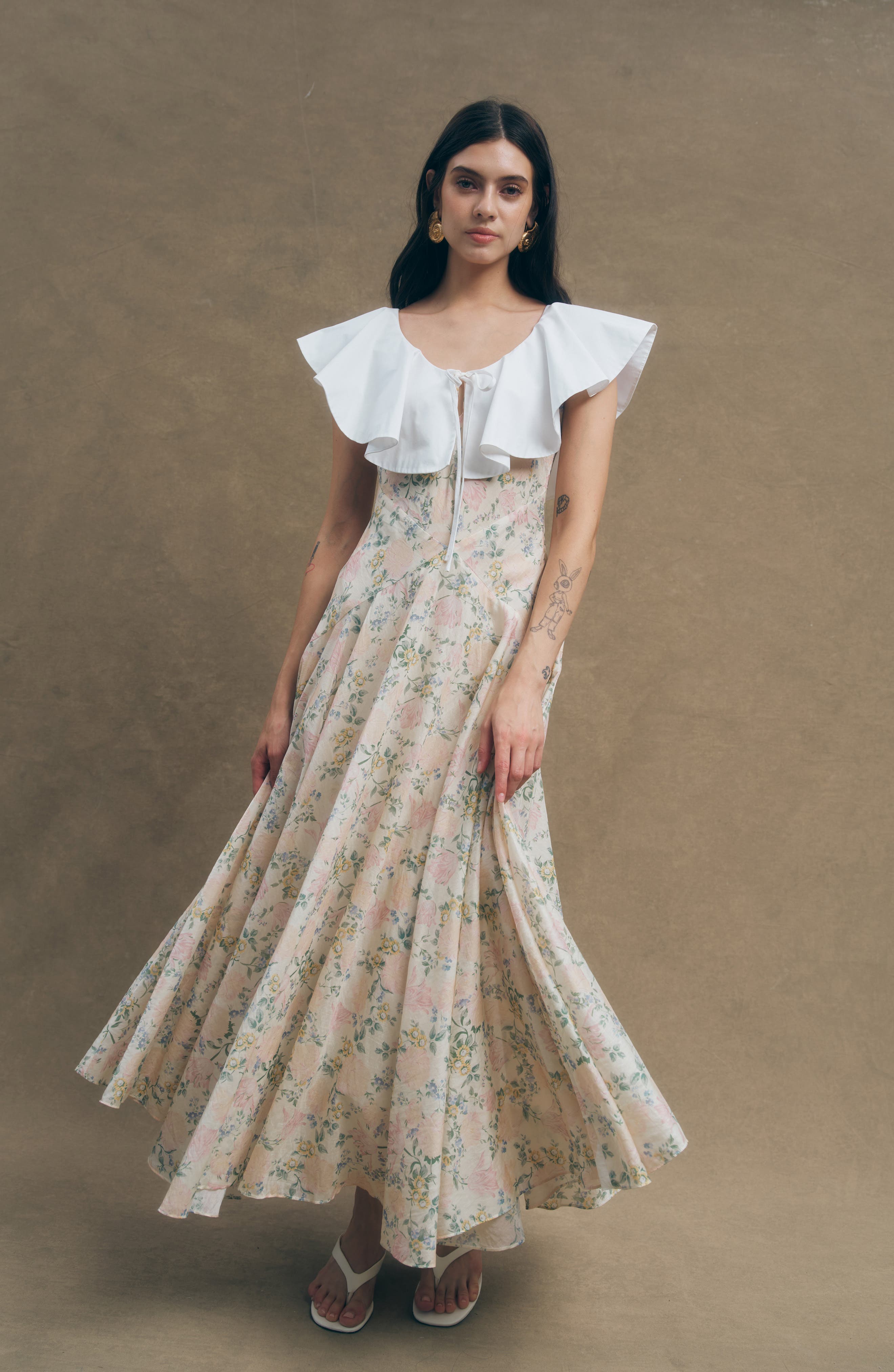 collar dress Dune Racerback Women's Golf and Tennis With Twilight / M Chic contrasting oversized collar Feminine A Fawn Floral Oversize Poplin Ruffle