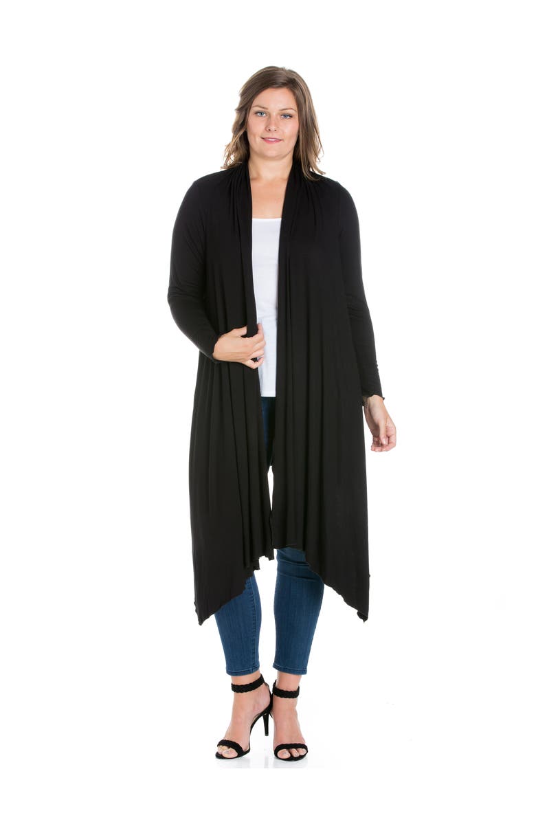 24seven Comfort Apparel Plus Size Extra Long Open Front Cardigan, Main, color, Black
