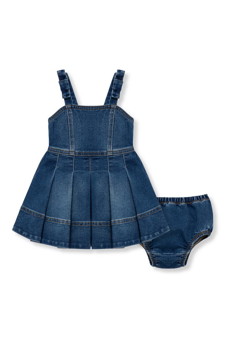 Pleated Bow Strap Cotton Blend Denim Dress with Bloomers, Main, color, DENIM