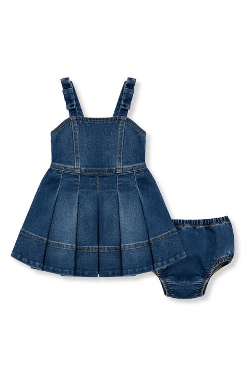 Pleated Bow Strap Cotton Blend Denim Dress with Bloomers (Baby)