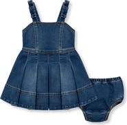 Habitual Kids Pleated Bow Strap Cotton Blend Denim Dress with Bloomers