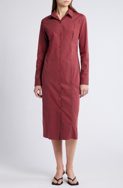 En Vau Stripe Long Sleeve Cotton Blend Shirtdress