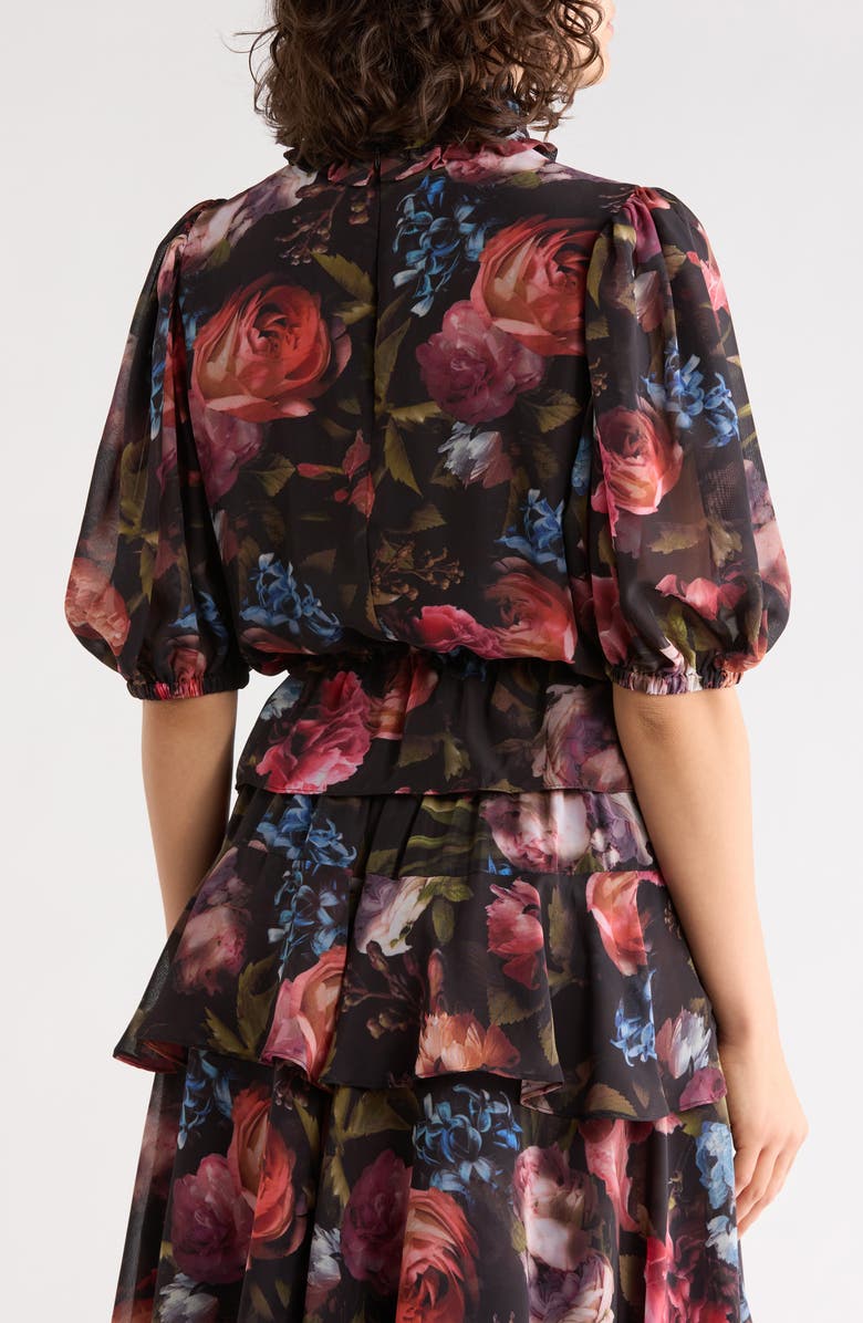 T Tahari Ruffle Mock Neck Top, Alternate, color, Black Rose Print