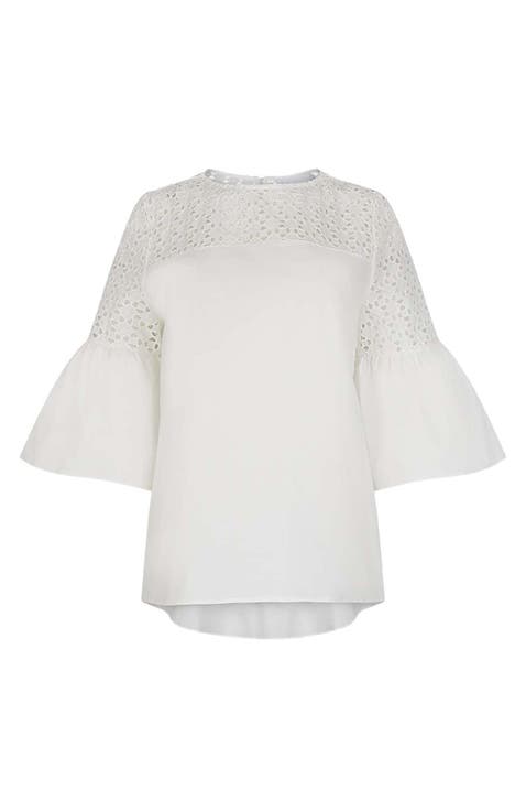 Women's  Piper White Top With Sheer Mesh Sleeves