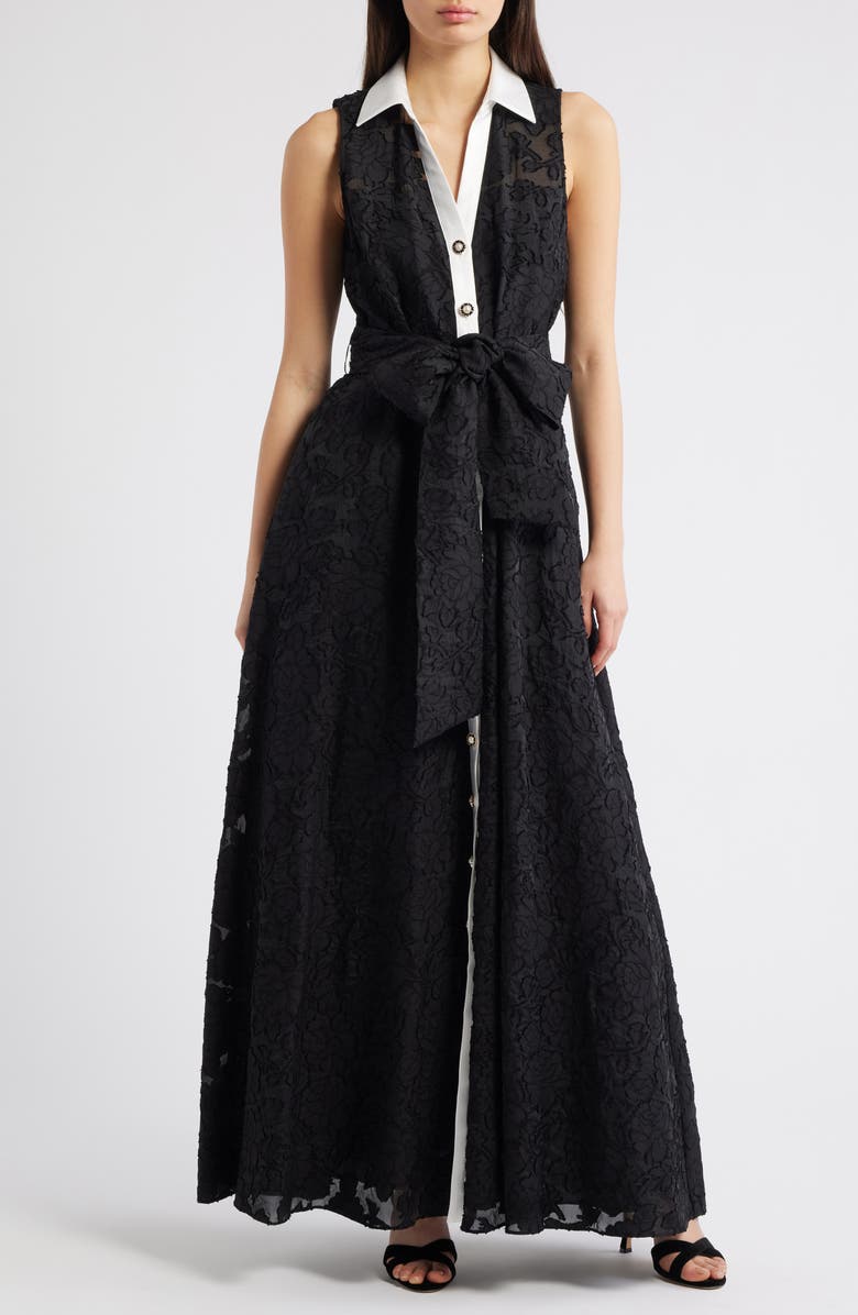 Julia Jordan Floral Burnout Sleeveless Gown, Main, color, Black