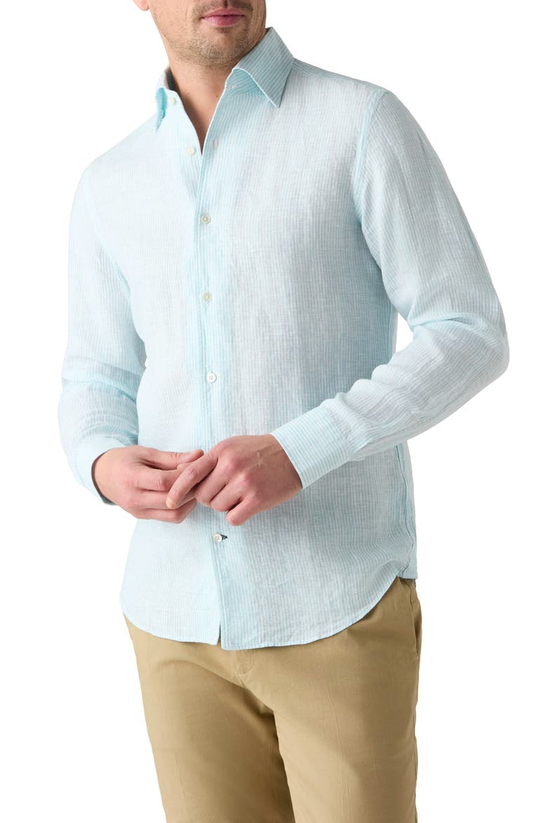 Morgan Medium Stripe Linen Shirt, Main, color, Aqua