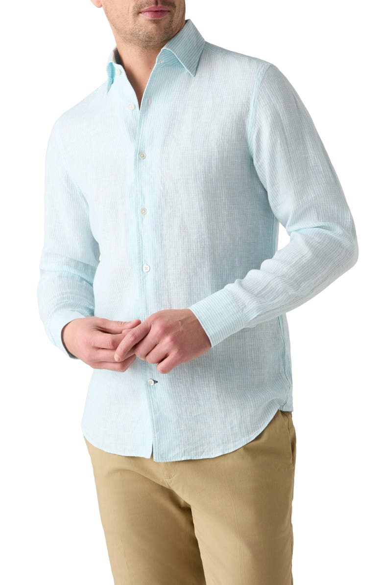 Robert Talbott Morgan Medium Stripe Linen Shirt, Main, color, Aqua