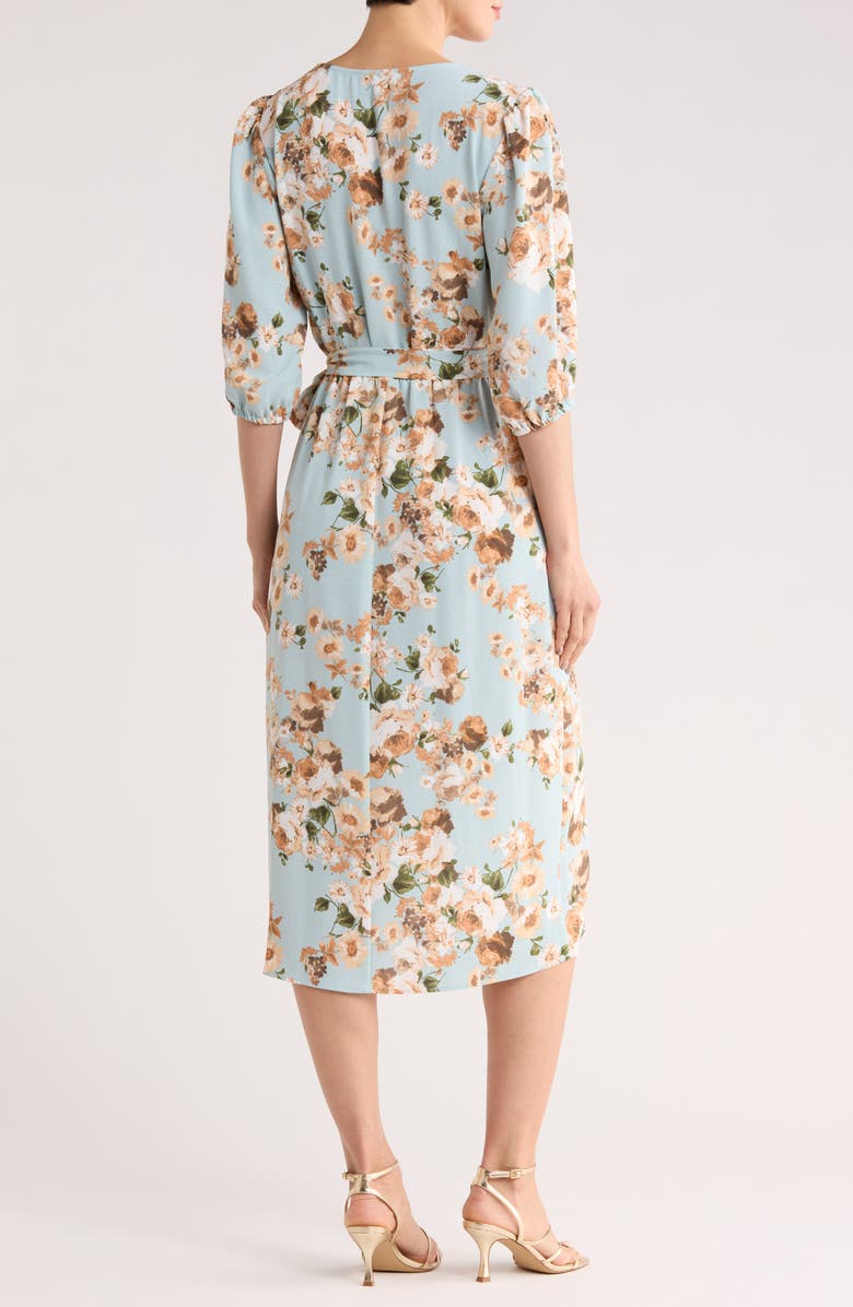 Connected Apparel Floral Faux Wrap Midi Dress, Alternate, color, Dusty Aqua